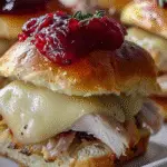 Close-up of a turkey slider with melted cheese and cranberry sauce on a soft golden bun, garnished with a sprig of thyme.