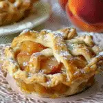 A close-up of a mini peach pie with a golden lattice crust, dusted with powdered sugar and filled with glossy peach slices.