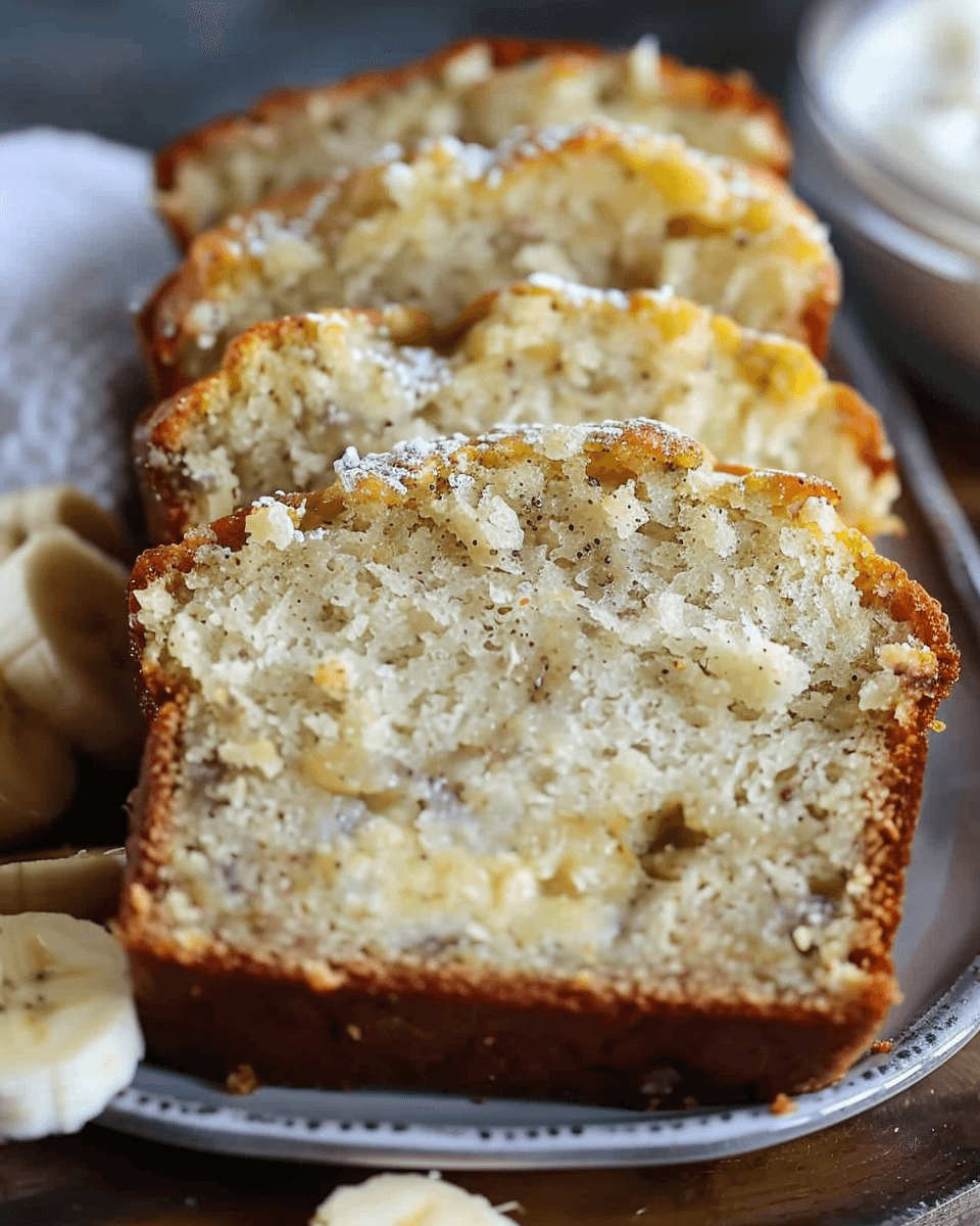 Close-up of thick slices of moist banana bread with a golden crust, served on a plate with banana slices nearby.
