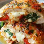 Juicy baked chicken breasts stuffed with melted mozzarella, sautéed spinach, and roasted red peppers, garnished with herbs.