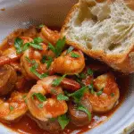 A bowl of New Orleans-style barbecue shrimp in a rich, reddish-brown sauce with sausage slices, garnished with fresh parsley and served with a slice of crusty bread.