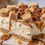 Slice of no-bake caramel cheesecake topped with halved Rolos and peanut butter cups, drizzled generously with caramel sauce.