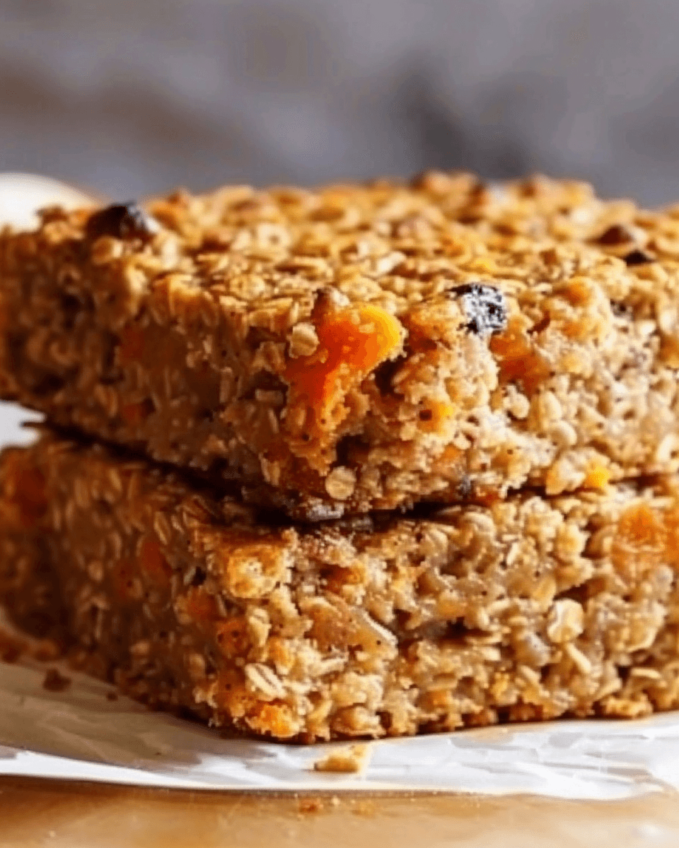 Two stacked oatmeal breakfast bars with visible chunks of carrot and dried fruit on parchment paper.
