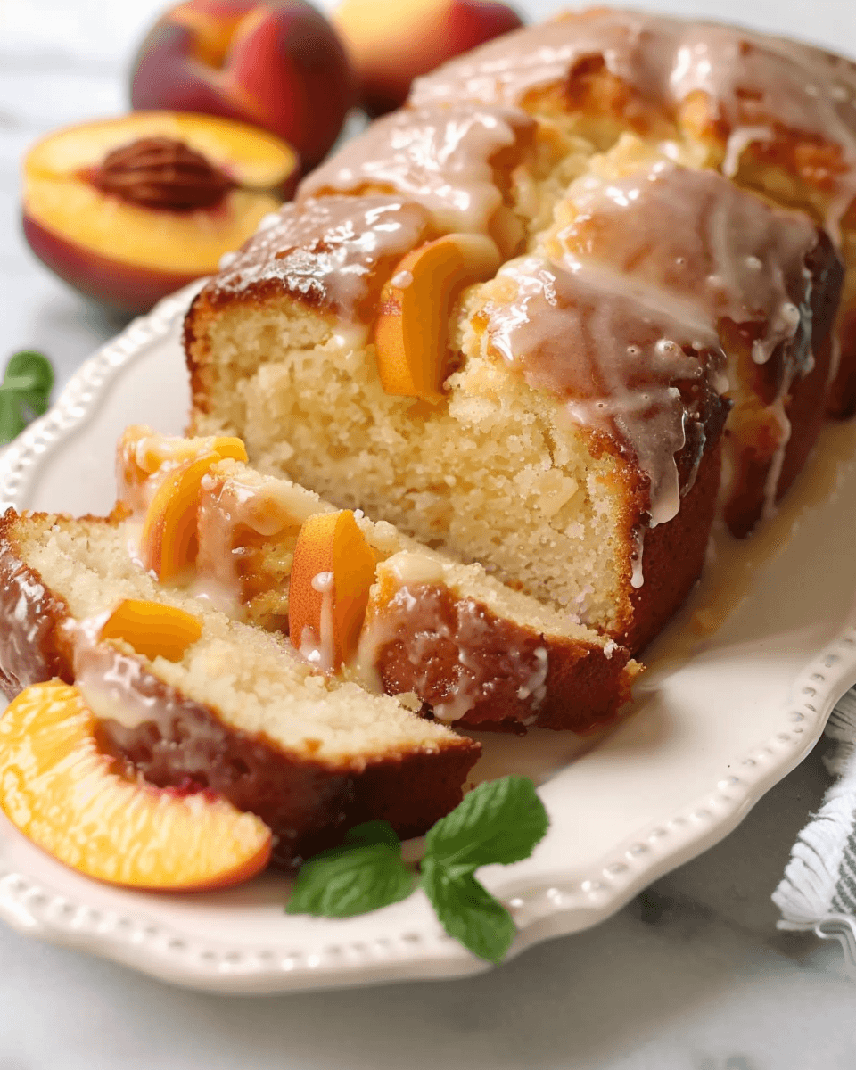 Sliced peach buttermilk pound cake with vanilla glaze and fresh peach slices on a white serving platter.