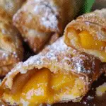 Golden-brown peach cobbler egg rolls with a crisp, flaky exterior, filled with warm peach filling and dusted with powdered sugar.