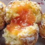 A close-up of a peach pie cruffin split open, revealing a gooey peach filling inside a flaky, golden pastry dusted with powdered sugar.