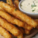 Crispy golden potato sticks served on a wooden plate with a bowl of creamy garlic cheese sauce garnished with chopped chives.