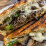 Close-up of a sliced Philly cheese steak stromboli filled with melted cheese, grilled steak, green bell peppers, onions, and mushrooms on toasted bread.