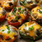 Colorful bell pepper halves filled with Philly cheesesteak-style beef, topped with melted cheese and chopped green onions, arranged on a wooden board.