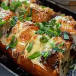 A loaf of pull-apart bread stuffed with cheesesteak filling, melted provolone cheese, caramelized steak, and topped with chopped green onions.