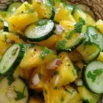 Pineapple and cucumber salad with chopped red onion, cilantro, and black pepper in a patterned bowl.