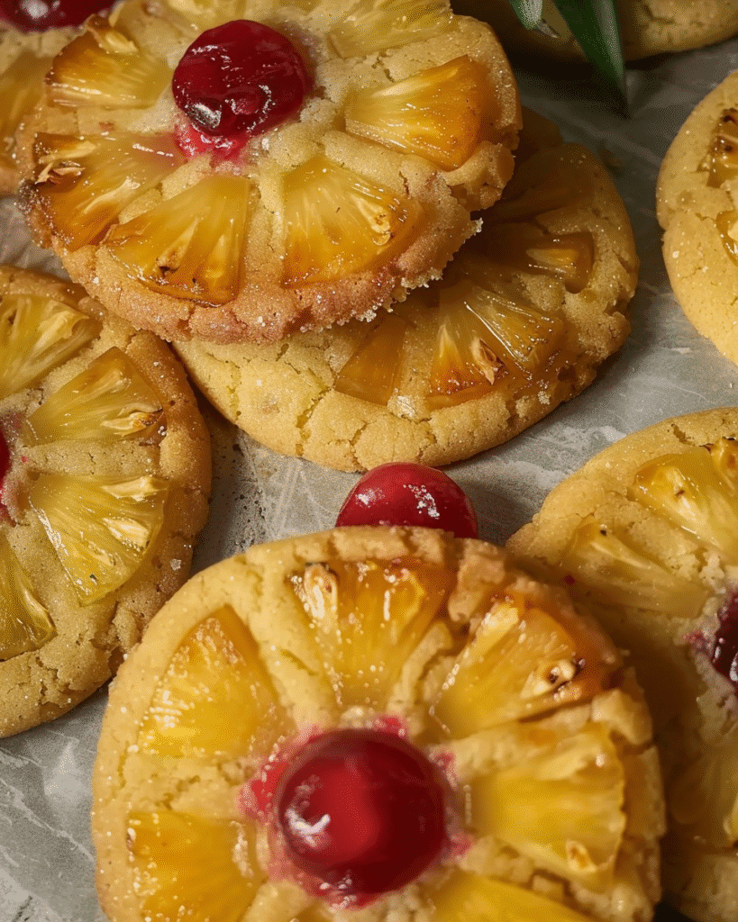 Close-up of pineapple upside-down sugar cookies topped with pineapple slices and maraschino cherries.