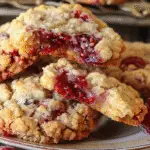Close-up of freshly baked raspberry crumble cookies with a gooey raspberry filling and crumbly oat topping.