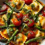 A rustic plate of ravioli topped with blistered cherry tomatoes, sautéed asparagus, fresh herbs, and garlic in a light tomato-based sauce.