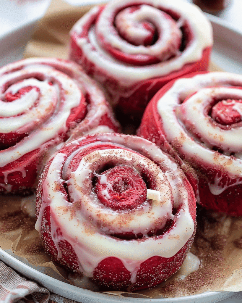Four vibrant red velvet cinnamon rolls topped with cream cheese icing and a sprinkle of cinnamon sugar, served on parchment paper in a white dish.