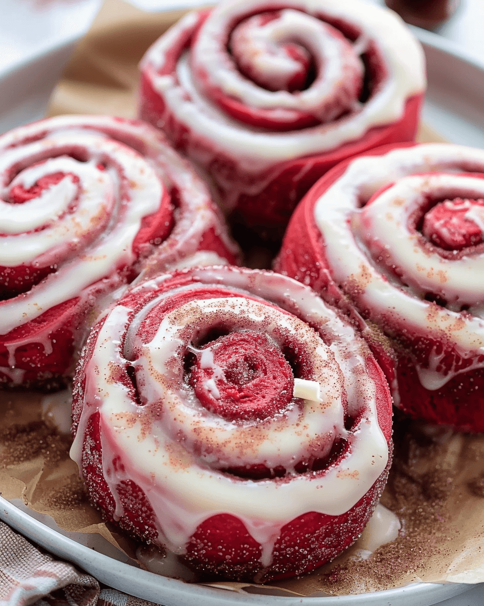 Four vibrant red velvet cinnamon rolls topped with cream cheese icing and a sprinkle of cinnamon sugar, served on parchment paper in a white dish.