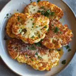 Golden-brown roasted cauliflower steaks topped with melted Parmesan cheese, fresh parsley, and a sprinkle of coarse salt on a plate.