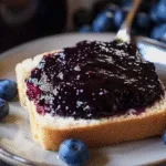 Slice of bread topped with a thick layer of blueberry butter, surrounded by fresh blueberries on a plate.