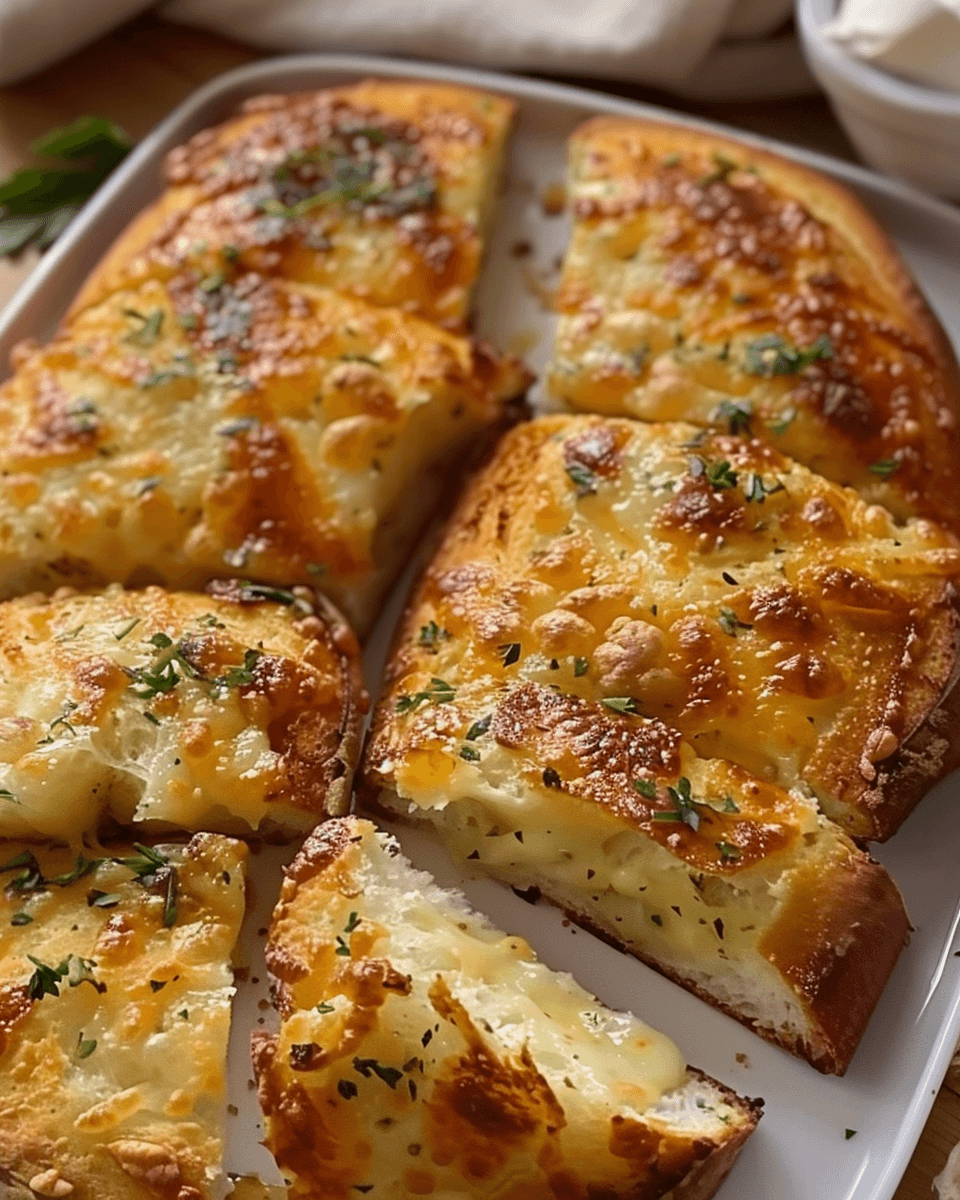 Cheesy garlic bread slices on a white tray, with golden melted cheese and sprinkled herbs on top.