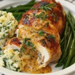 Sliced stuffed chicken breast topped with creamy sauce and fresh herbs, served with mashed potatoes and green beans on a white plate.