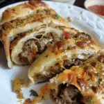 Sliced cheesesteak stromboli filled with seasoned beef, melted cheese, and bell peppers, served on a white plate with dipping sauces in the background.