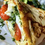 Close-up of a golden-brown wrap filled with cottage cheese, sautéed red bell peppers, eggs, and fresh herbs on a white plate.