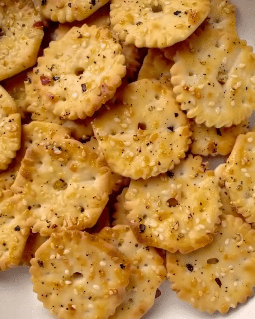 Round, golden snack crackers coated with everything bagel seasoning, including sesame seeds, garlic, and poppy seeds, arranged in a white bowl.