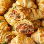 Golden brown crescent rolls filled with sausage, cream cheese, and Rotel tomatoes, sliced open to reveal the savory filling on a serving platter.