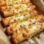 Rows of golden, crispy garlic breadsticks topped with melted cheese and sprinkled with chopped herbs.