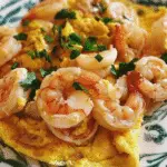 Close-up of a shrimp and scrambled egg stir fry garnished with chopped green onions on a patterned plate.