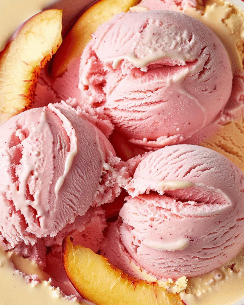 Scoops of pink peach raspberry ice cream served with fresh peach slices in a creamy bowl.