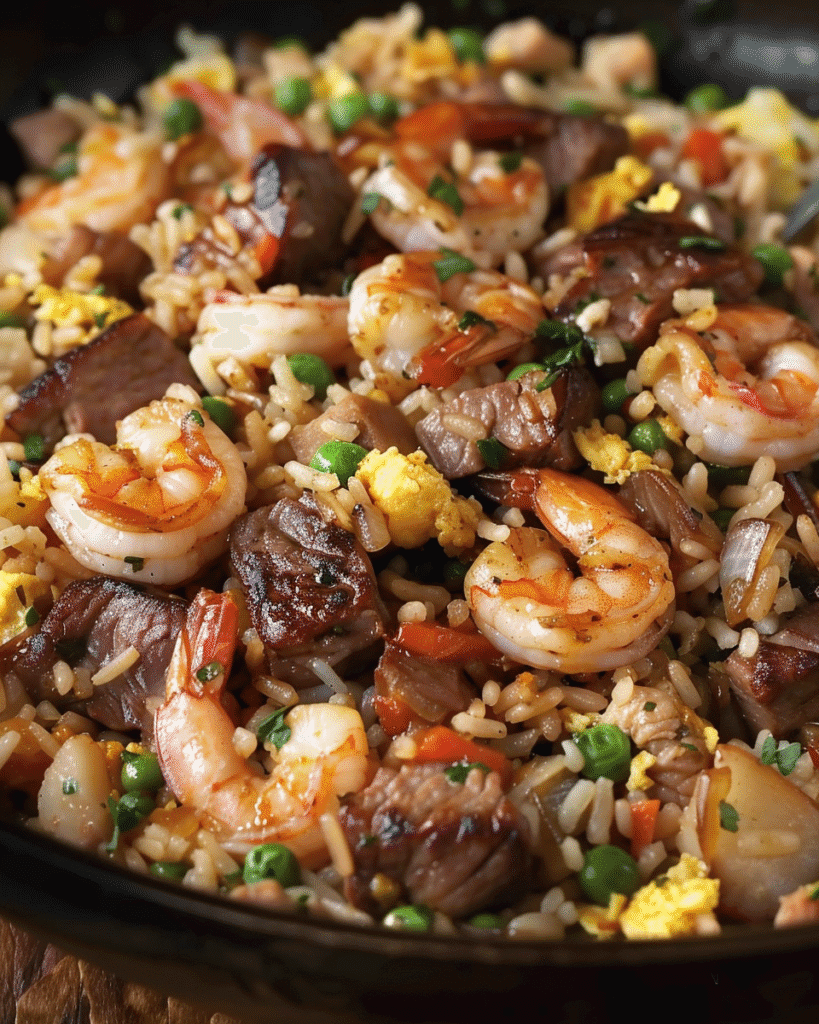 Close-up of shrimp and steak fried rice with peas, scrambled eggs, diced carrots, and herbs in a skillet.