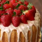 Strawberry-topped buttermilk pound cake with pink glaze dripping down the sides.