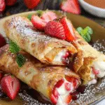 Three golden-brown chimichangas filled with creamy cheesecake and fresh strawberries, garnished with powdered sugar, mint leaves, and sliced strawberries on a plate.