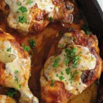 Baked chicken drumsticks in a skillet, smothered with melted cheese, creamy sauce, and fresh parsley.