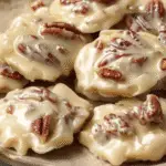 Creamy vanilla pecan pralines with glossy white coating and whole pecans, arranged on parchment paper.