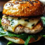 Close-up of a grilled chicken burger with melted white cheddar cheese and fresh spinach on a toasted sesame seed bun.