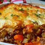 A close-up of a baked casserole with layers of cabbage, ground beef, carrots, and melted cheese on top, garnished with fresh herbs.