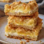 Stack of zesty lemon crumble bars with a golden crumb topping, creamy lemon filling, and a buttery crust, served on a rustic ceramic plate.