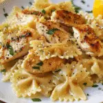 A white plate of bowtie pasta topped with grilled chicken breast slices, garnished with parsley, cracked black pepper, and a lemon wedge.
