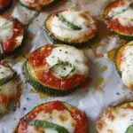 Mini zucchini pizza bites topped with melted mozzarella, tomato sauce, fresh basil, and cracked black pepper on parchment paper.