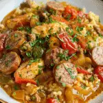 A close-up of Zesty Chicken Scarpariello with sliced Italian sausage, chicken pieces, bell peppers, onions, and fresh herbs in a savory sauce served over rice.