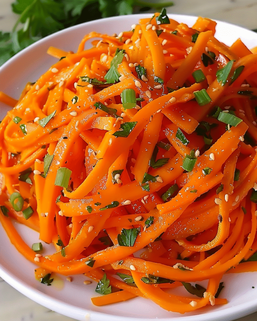 Bright orange julienned carrot salad garnished with chopped herbs, sesame seeds, and green onions in a white bowl.