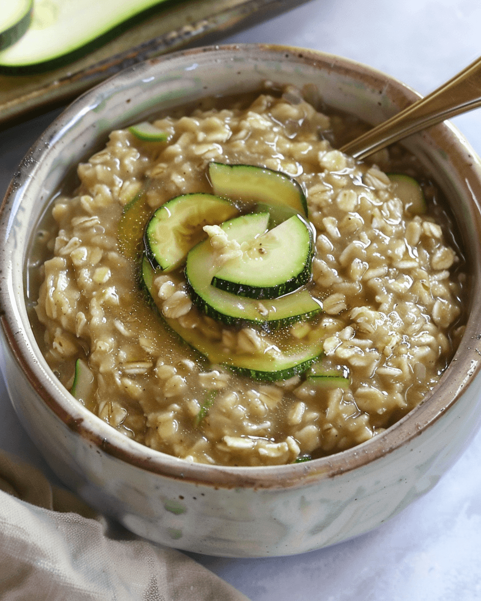 Bowl of zucchini banana oatmeal topped with fresh zucchini slices and served with a spoon.