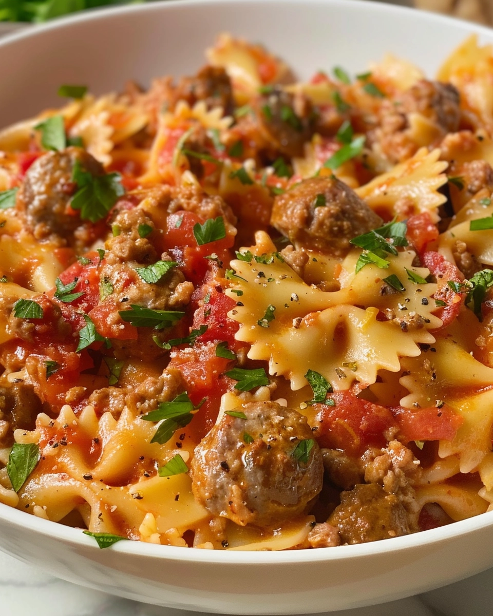 Bow Ties with Sausage, Tomatoes, and Cream Recipe - Recipe Image
