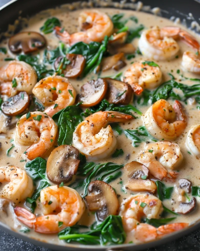 Creamy Spinach Mushroom Shrimp Skillet Recipe