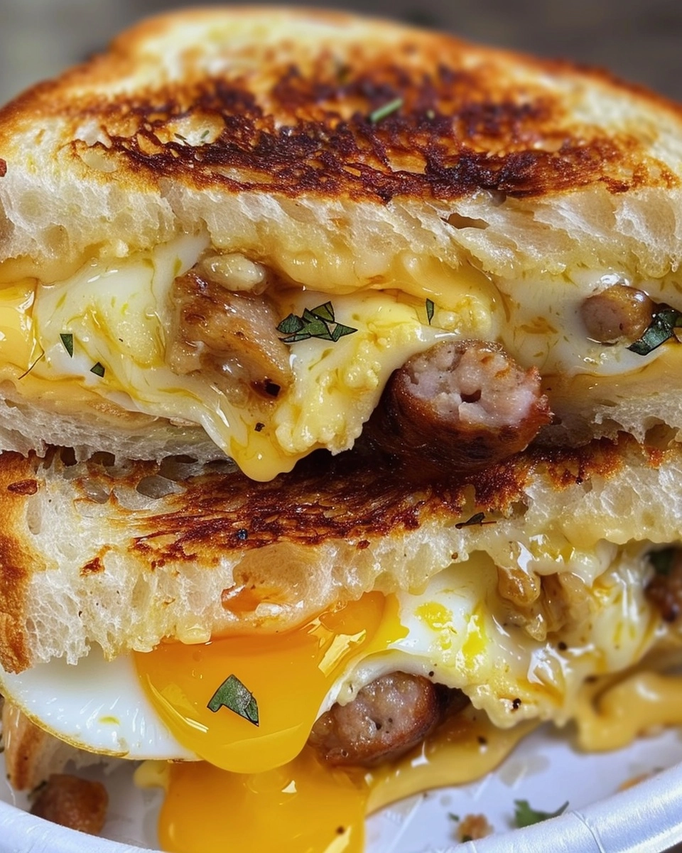 Breakfast Grilled Cheese with Scrambled Eggs & Sausage Recipe - Recipe Image