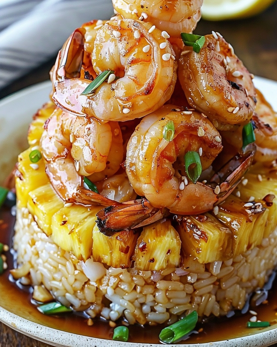 Teriyaki Shrimp Pineapple Rice Stack Recipe - Recipe Image