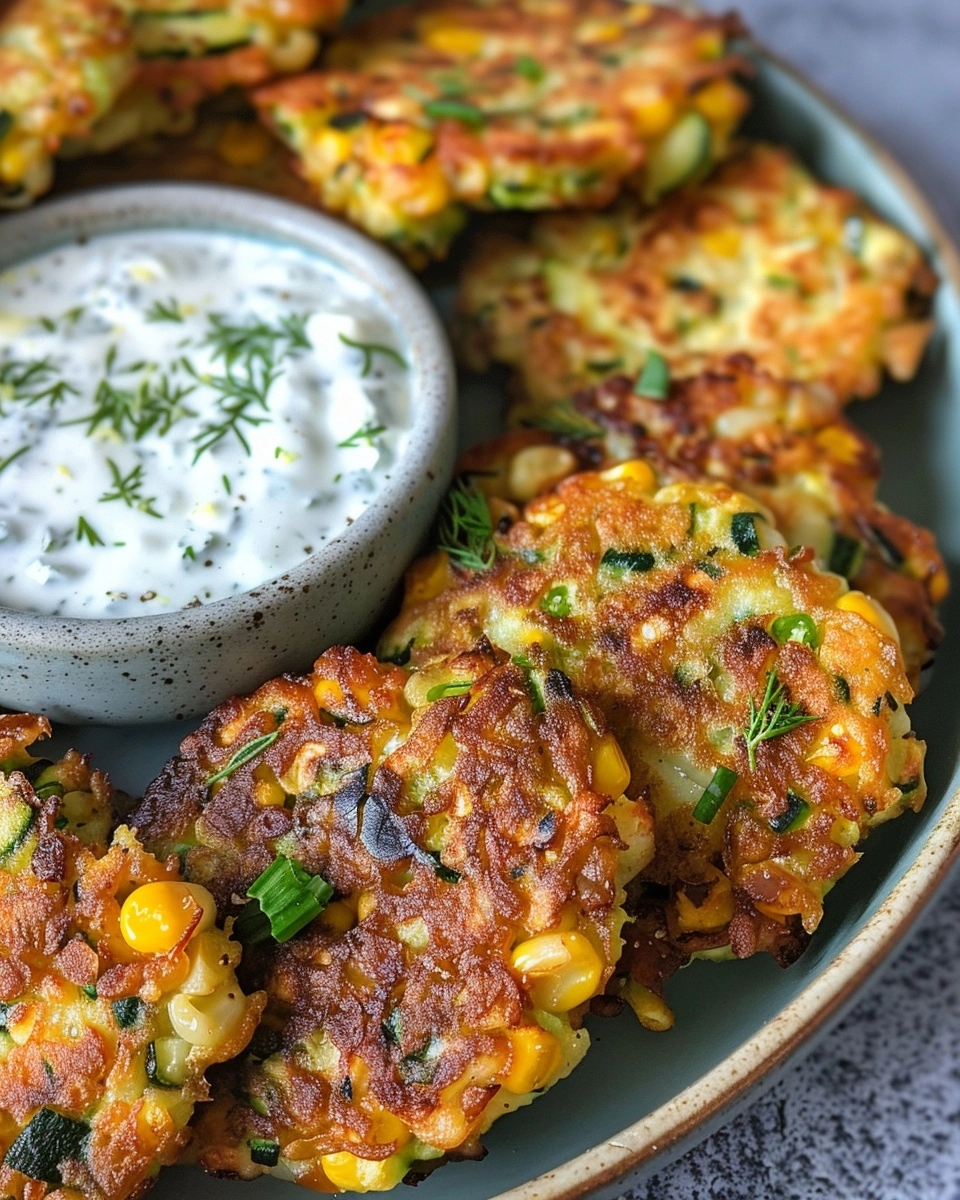 Zucchini & Corn Fritters with Yogurt Dip Recipe - Recipe Image