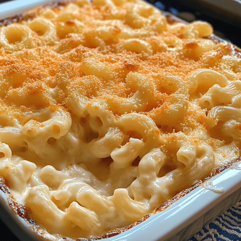 A baked macaroni and cheese casserole with a golden breadcrumb topping in a white baking dish.